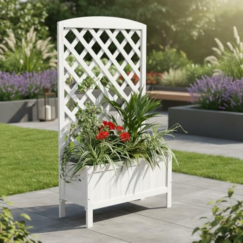 Mucola Rankgitter Weiß Pflanzkasten aus Holz Spalier mit Blumenkasten...