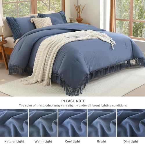 Image of Andency Comforter Full Size Set Bluish Grey, Boho Lightweight Vintage Soft Bedding Comforter Sets, 3 Pieces Bed Set (79x90In Comforter & 2 Pillowcases)