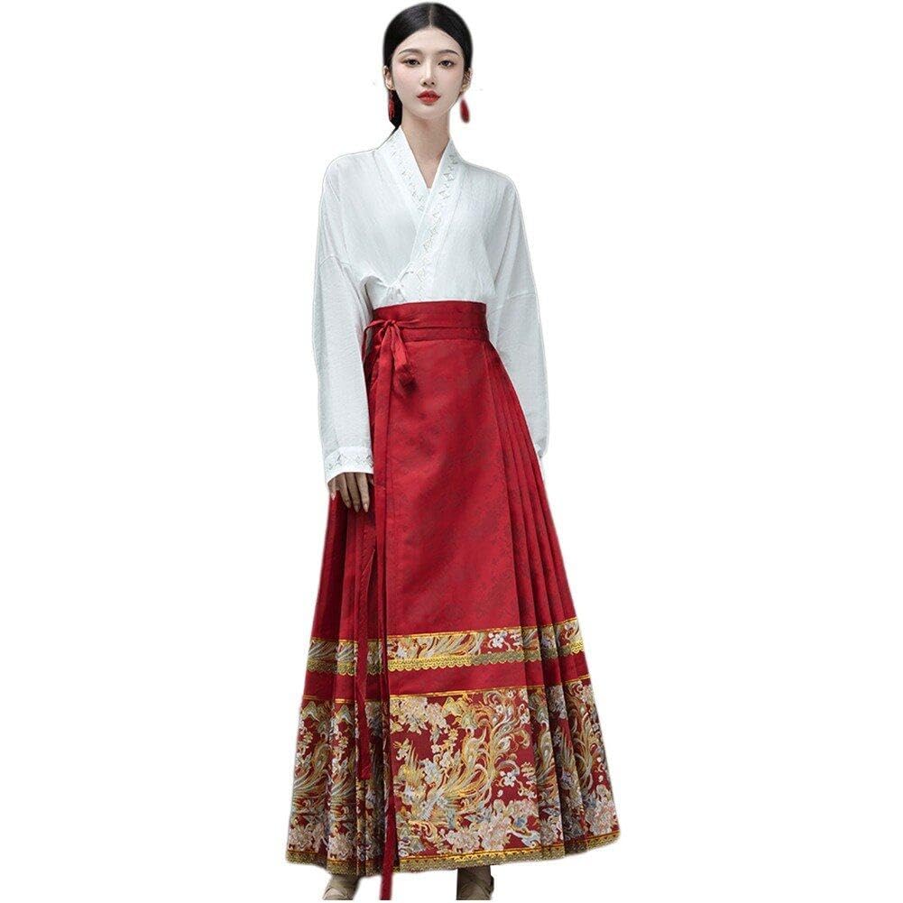Lipfer Women's Red Ming Dynasty Mamian Skirt Chinese Style Horse Face Skirt And White Elegant Retro Chinese Hanfu Cosplay Costume