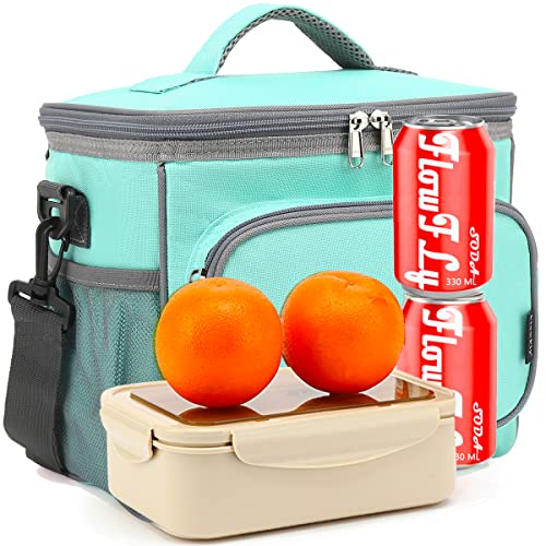 Flowfly Insulated Reusable Lunch Bag Adult Large Lunch Box For Women And Men With Adjustable Shoulder Strap Front Zipper Pocket And Dual Large Mesh Side Pockets, Jade #TOP7