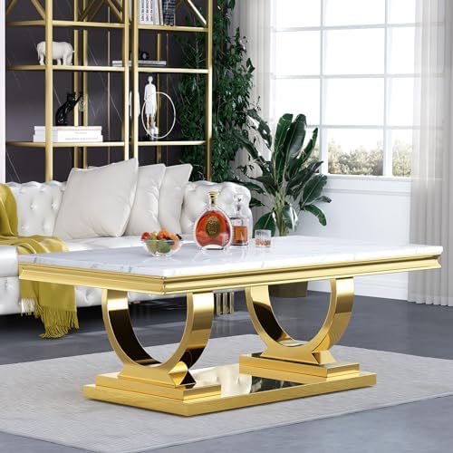 Faux Marble Coffee Table, Modern White Marble Center Table with G...