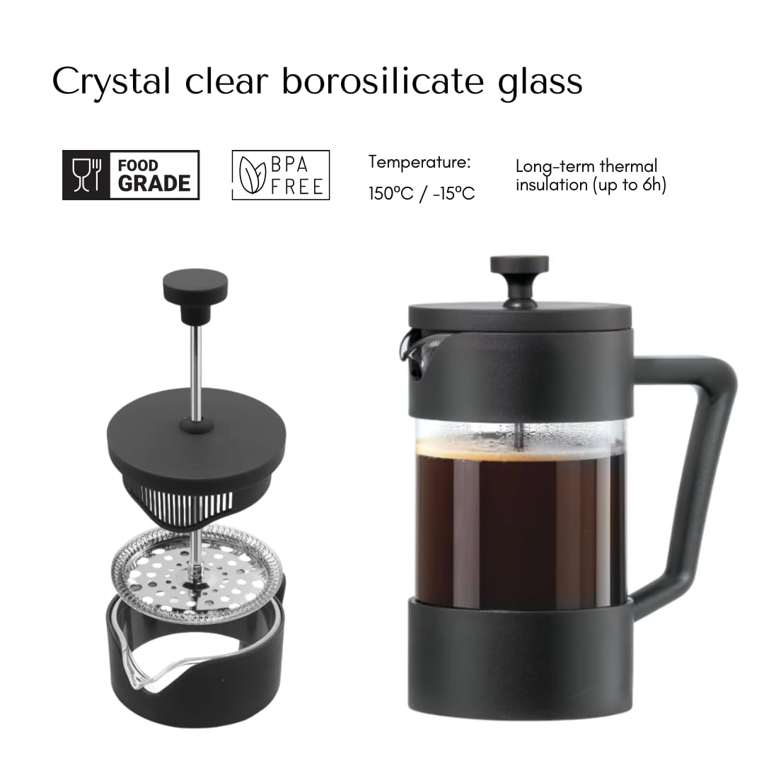 Cafetière à piston W&M en verre borosilicate et acier inoxydable, triple filtre - Noir