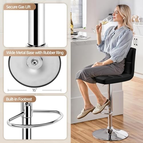 Image of Kemon KaiMeng Modern Adjustable Swivel Bar Stool Chair with Backrest, PU Leather Hydraulic Counter Stool with Footrest for Kitchen Island, Cafe & Home Bar, Black, Square Tufted Back Stool