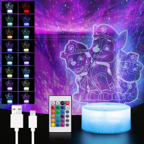 Moocuca Paw Dog Patorl Veilleuse pour Enfants, 16 Couleurs Changeantes Dimmable 3D Illusion LED Night Light, 3D LED Lampe Pat Patoruille, Télécommande Lampe Veilleuse pour Garçon Fille Chambre Décorer Cover