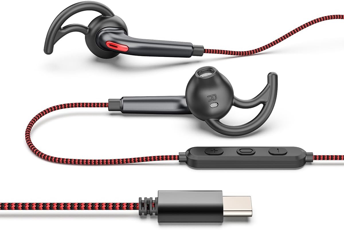 ANFLOWE ES850 – Wired USB C Headphones for Sports Running, Half In-Ear Earbuds with Mic, Secure Fit, Tangle-Free, Pure Sound, Type C Earphones for Workouts, Gym, Jogging