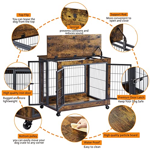 Hundebox Möbelstil Holzkennel Tisch Hundehütte Innenbereich mit Doppeltür aufklappbarem Dach Rollen Vintage braun 80x56x69.5cm-7