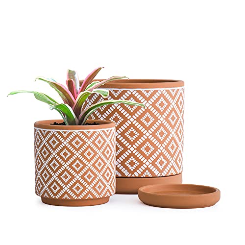 Set mit 2 Terrakotta-Töpfen, geometrisches Muster, 10,2 cm und 15,2 cm, Topf mit Ablaufloch und Untertasse, terrakotta/weiß, 31-958-J-1