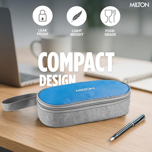 Image of MILTON Plato Pack Small Stainless Steel Lunch Box (2 X 340 ml containers) with Jacket | Leak Proof, Food Grade I Lightweight, Odour Proof | 1 Year Warranty I Ideal for Office, School, Travel, Blue
