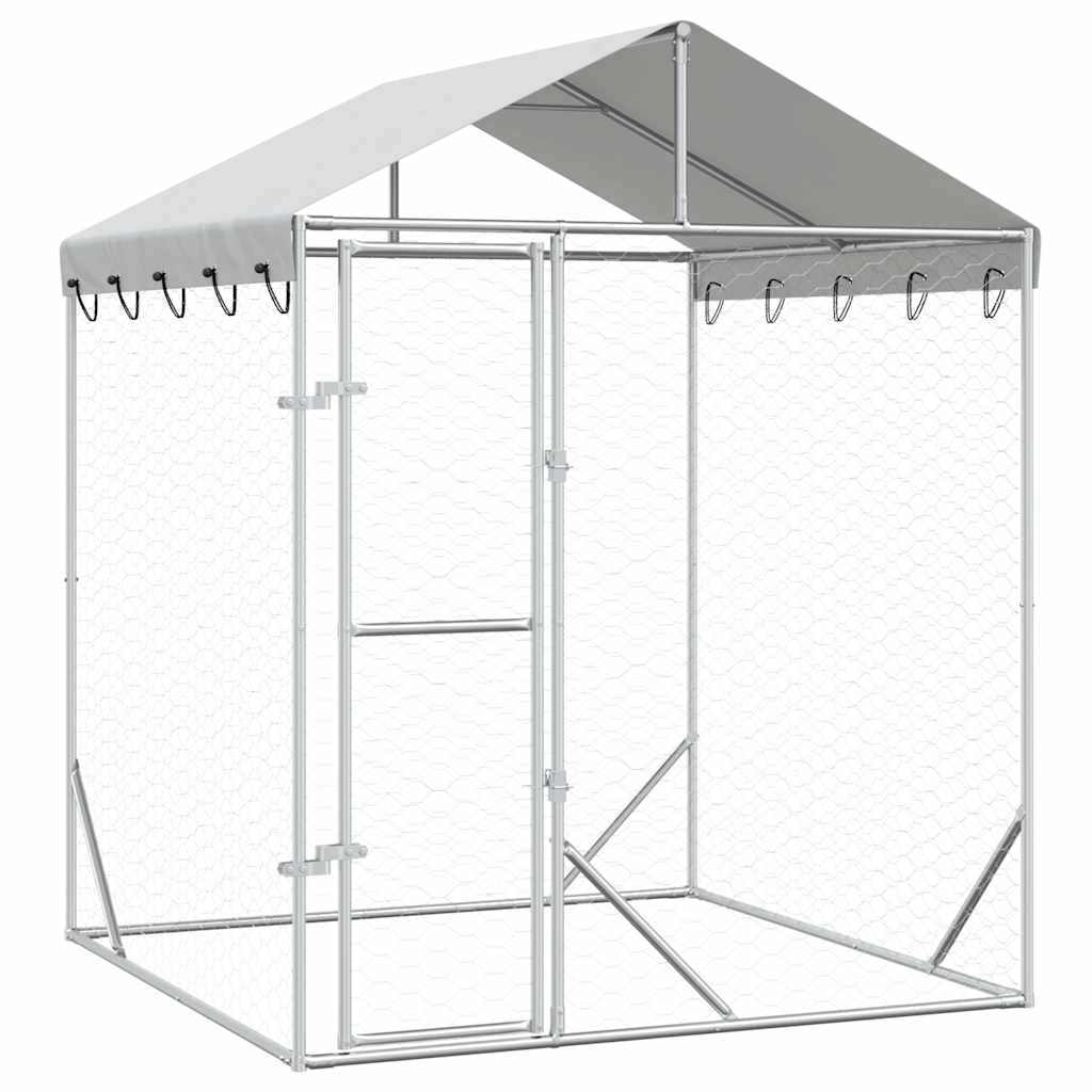 Zewnętrzna hodowla dla psów z dachem, srebrna stal ocynkowana, 2 x 2 x 2,5 m, przestronny wybieg dla szczeniaków z zamykanym systemem ryglowania dla psów, królików, woliery, chodnika, kratka dla