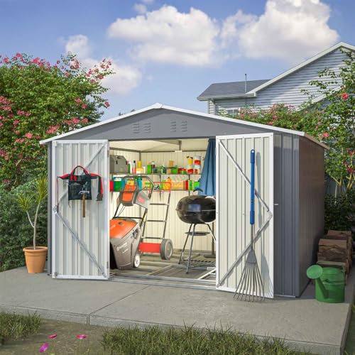 BIRCHTREE Garden Shed Metal Apex Roof 10FT X 8FT Outdoor Storage With Free Foundation Grey