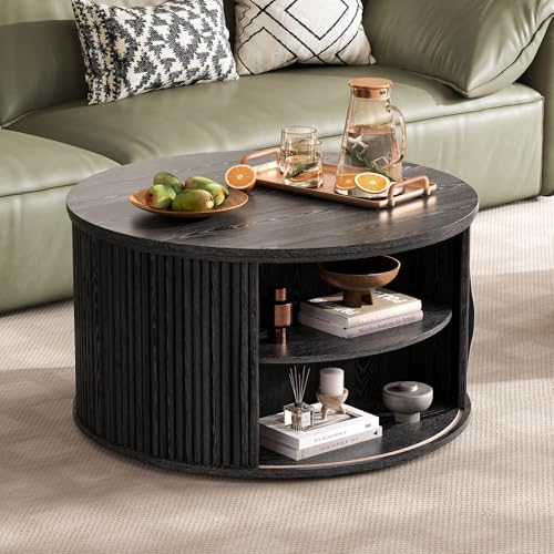 Image of JOINICE Round Lift Top Coffee Table with Storage for Living Room,Black | 31.5 inch Drum Design,Hidden Storage&Open Shelf,Modern Fluted Center Table for Small Apartments,Easy Assembly,Up to 150 lbs