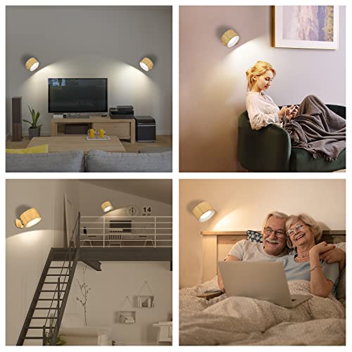 Image of Deyagoo LED Wall Sconce, Wall Mounted Lamp with Rechargeable Battery Operated USB Port 3 Color Temperature & 3 Brightness Level 360Rotate Magnetic Ball, Cordless Light for Reading Bedside-Wood