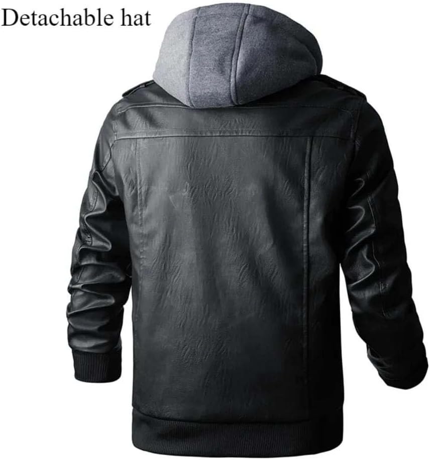 Hndudnff Men’S Faux Leather Jacket Detachable Hood Zip Up Bomber Coat Casual Warm Outerwear Winter Jacket