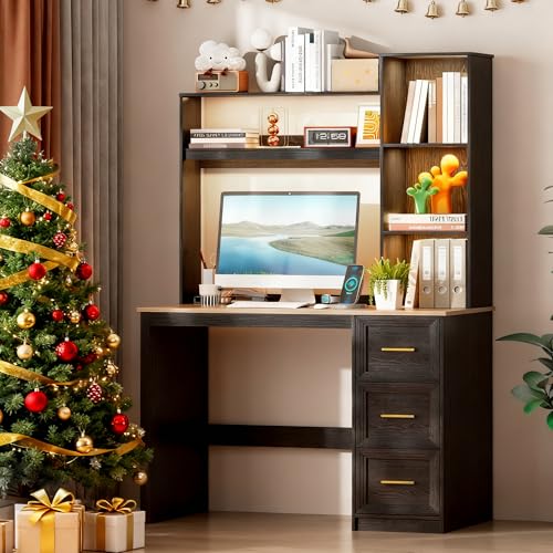 Image of LVSOMT 40 inch Home Office Desk with Hutch and Drawers, Computer Desk with Power Outlets and LED Light, Study Writing Gaming Table with Storage Shelves, Workstation for Bedroom, Black