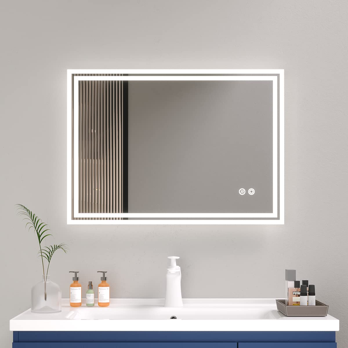 Plumbsys Espejo de baño con luz led 80x60cm, Antivaho, Interruptor Táctil, Dimmable, 3 Colores de Luz, Instalar Horizontal/Vertical