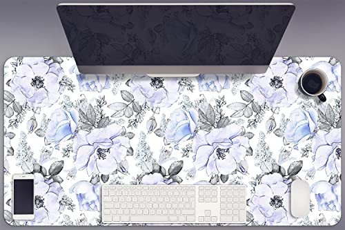 Tapis de bureau en vinyle antidérapant et imperméable 90x45cm roses bleues