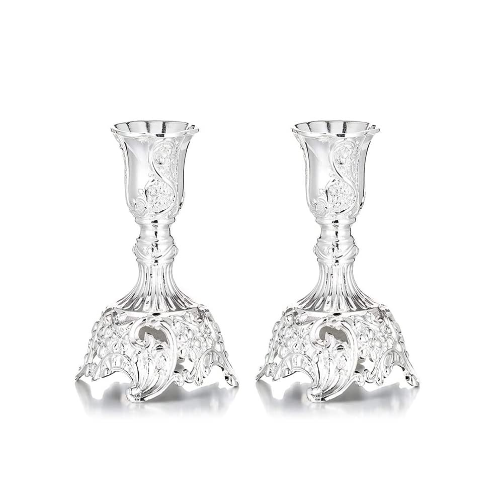 Tiardey 2 candelabros de Shabat de 3.9 Pulgadas,candelabros cónicos,candelabros ornamentados para decoración del hogar,Oficina,Boda,Centro de Mesa,Plateado