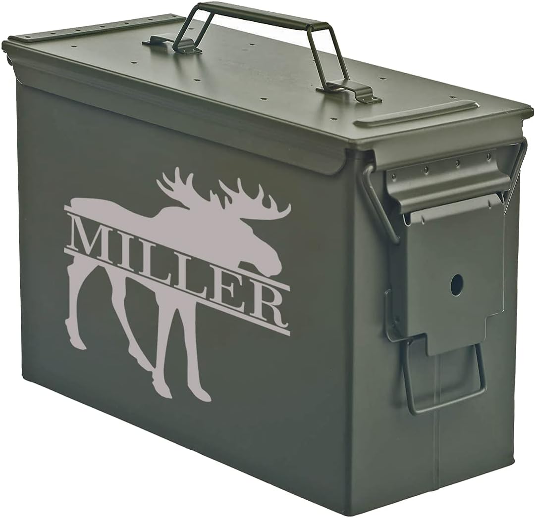 Daylor Custom Engraved Ammo Box Metal Ammunition Case Steel Storage Can Personalized Moose Hunting (30 Caliber, Green)