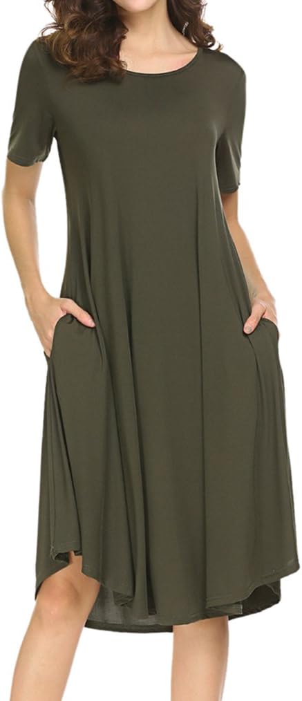 Locryz Women's Short Sleeve Pocket Swing Midi Dress Casual Loose T-Shirt Dresses - Image 2