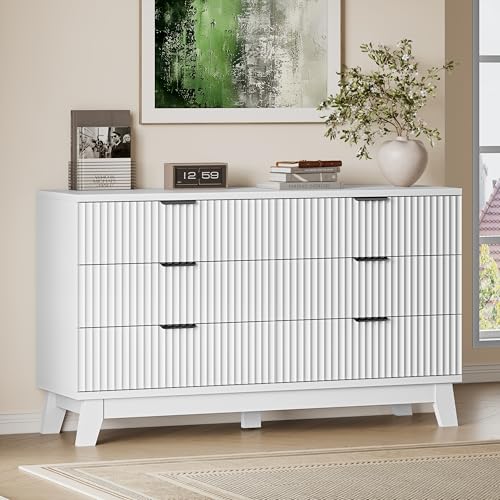 Image of BORNOON 53 inch Long Dresser for Bedroom, 6-Drawer Dresser with Fluted Fronts, Wide Wood Chest of Drawers, Smooth Metal Slides, Stable Base, Modern Clothes Storage Cabinet for Living Room, Hallway
