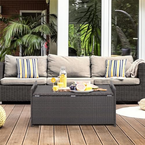 GiantexUK 128L Garden Storage Box, Weatherproof Rattan Deck Box with Seat Cushion, Zippered Liner & Handles, Outdoor Sit On Utility Chest Container for Patio Pillows Tools Toys - Image 8