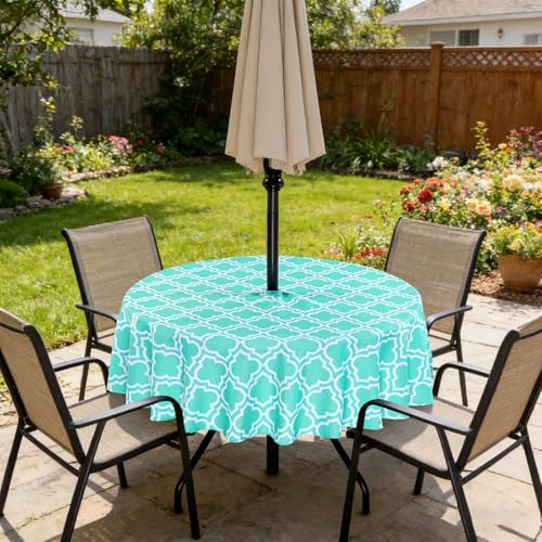 Image of Poise3EHome 60 inches Outdoor /Indoor Waterproof Spillproof Round Tablecloth with Umbrella Hole for Camping, Picnic, Christmas Tree Skirt, BBQ, Aqua Blue