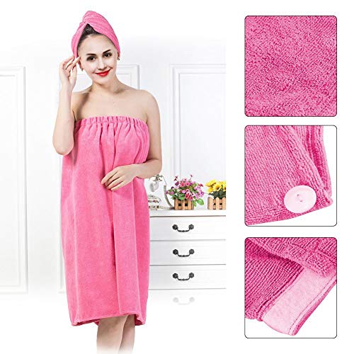 Tomvorks Juego de Albornoz de Toalla Suave para Mujer con Envoltura Ajustable para Spa y Ducha, Poliéster, 1 Toalla Envolvente y 1 Gorro Secar el Cabello (rojo rosado)