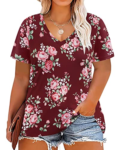 RITERA Plus Size Tunics for Womens 3X Floral Tee Shirts Casual Summer Stripe Tops Blouses Flowy Tops red Floral 3XL 22w 24w