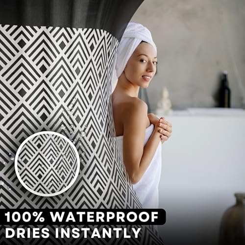 Image of HOMETHREADS Embrace Luxury with Our 6-Feet Long Premium Polyester Shower Curtain with 12 Hooks for a Lavish Bathroom Ambiance | Stylish, Splendid, and Perfectly Sized (Grey Triangle, 180x180cm)