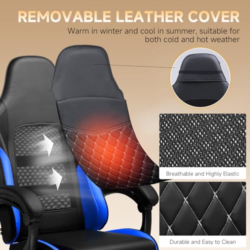 Image of GTPLAYER Gaming Chair, High Back Leather Computer Gaming Chair with Footrest, Ergonomic Height Adjustable Office Chair with Removable Cover and Lumbar Support for Gaming & Work,Blue