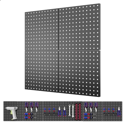 ValueMax 4 Pack Metal Pegboard Panels, 12”x 12” Heavy Duty Metal Pegboard Wall Organizer for Home, Garage, Workbench, Kitchen, Craft Room Tool Storage, Black Modular Peg Board Organizer Boar
