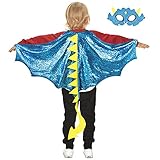 Shiny Dragon-Costume Wings for Kids and Dinosaur Dress-Up Mask, Boys Girls Halloween Costumes Dino...