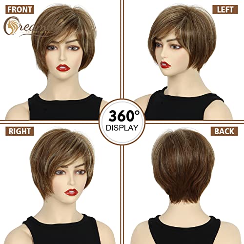 Creamily Short Brown Pixie Cut Wig Short Hair Wigs with Bangs Brown with Blonde Highlight Layered Fluffy Synthetic Hair Replacement Wig for Women Halloween Costumes Wigs - Image 3