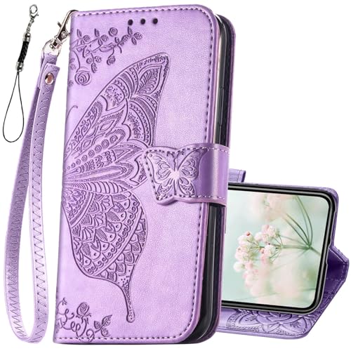 KRHGEIK for iPhone 11 Wallet Case,Women Flip Folio Cover with Butterfly Embossed PU Leather Kickstand Credit Card Holder Slots Detachable Wrist Strap for iPhone 11 6.1 inch (Lavender)