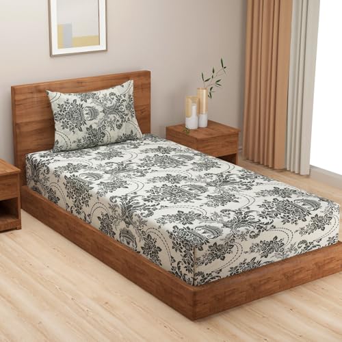 Image of Swayam Roto Cotton Single Bedsheet with 1 Pillow Cover | Size 60 x 90 inch | 144 TC | Floral Design | Soft Breathable Bed Sheet | Comfortable & Durable for Bedroom - Grey