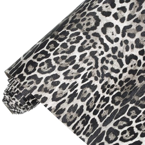 Image of Leopard Print Faux Leather Fabric 16x54 Inches (41x137cm) - Animal Skin Textured Synthetic Leather, Multi-Purpose Crafting Material for Hair Accessories, Makeup Bags, Handbags (Black-S)