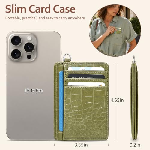 Image of Coco Rossi Crocodile Wallet Women Slim Credit Card Holder with Keychain | Luxury Wallets, Alligator Print, RFID Blocking, ID Case, Small Minimalist, Womens Girls Gift, Olive Croc