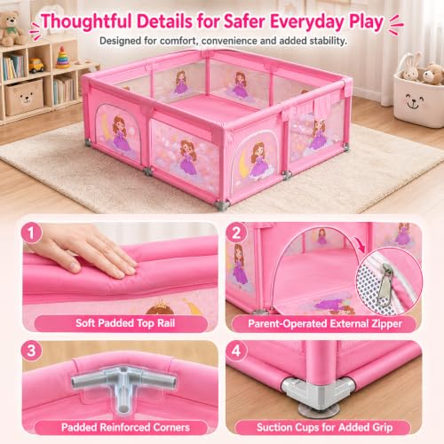 Image of Dawnwake Large Playpen 150 x 180 cm for Toddlers & Kids up to 5 Years with Pit Balls and Anti-Fall Grasp Rings, Playard with Safety Lock & Suction Cup (No Mat, Non-Foldable) (150x180cm Pink)