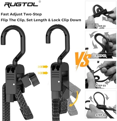 Rugtol Bungee Cords with Hooks, 48 Inch Adjustable Flat Bungee Straps with Quick Release Buckle, Rubber Black Heavy Duty Elastic Cords with Metal Hooks for Bike Rack, Outdoor, Camping, Tarp, 6 Pack - 3