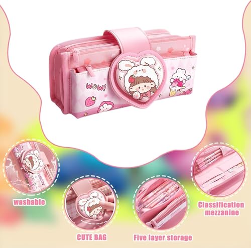 Image of Invite Canvas Kawaii Pencil Case 3 Compartment Cute Aesthetic Pencil Case for Girls Large Capacity Pen Pencil Pouch Multifunctional Stationery Organizer for School Office Kids (Heart Shape-Pink)