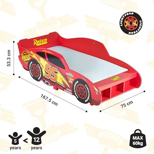 Disney Cars Lightning McQueen Kleinkindbett, stabile Konstruktion, geschützte Seiten, Holzlatten, hellrot, passend für 140 x 70 cm große Matratze (Matratze nicht im Lieferumfang enthalten)