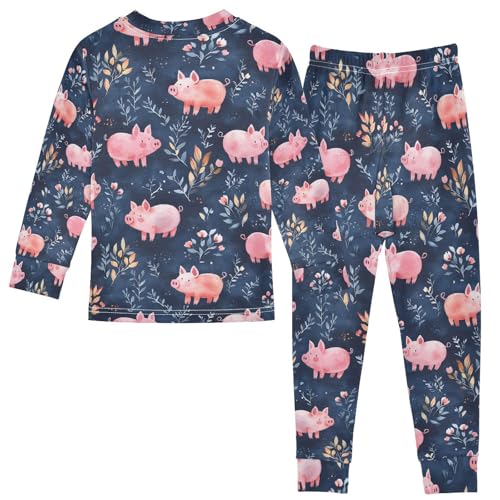 ALAZA Watercolor Pig Leaf Blue Pajamas Long Sleeve Sleepwear 2-Piece Pajama Set2