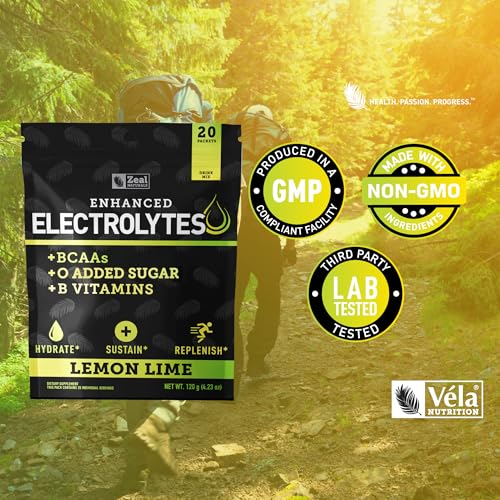 Image of Enhanced Electrolyte Powder Stick Packs (Lemon Lime | 20 Packets) w / 0 Sugar +BCAAs +B-Vitamins Electrolyte Supplement w Potassium Zinc & Magnesium for Hydration - Keto Electrolytes