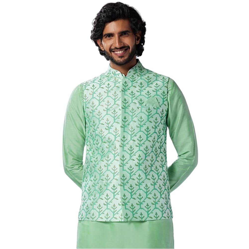 kisah Men's Nehru Jacket, Sea Green Silk Blend, Embellished Sleeveless Regular Fit Mandarin Collar-picture-12