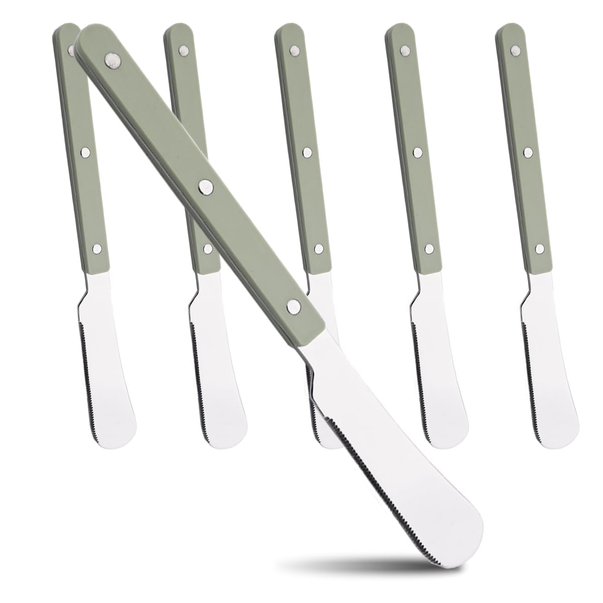 BRIIEC 6 Pieces Stainless Steel Dinner Knife Set Table Knife Butter Knife, Green Acrylic Handle Silverware Set Retro Rivet Design, Mirror Polished, Dishwasher Safe