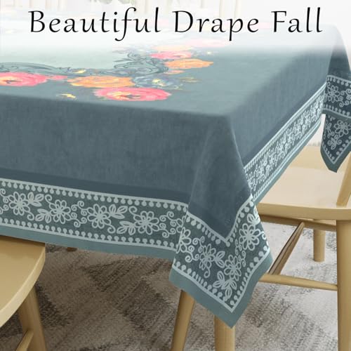 Image of Cloth Fusion Velvet Floral Dining Table Cloth 6 Seater, Dining Table Cover with Elegant Floral Pattern for Dining Room (60x90 Inch, Light Blue)