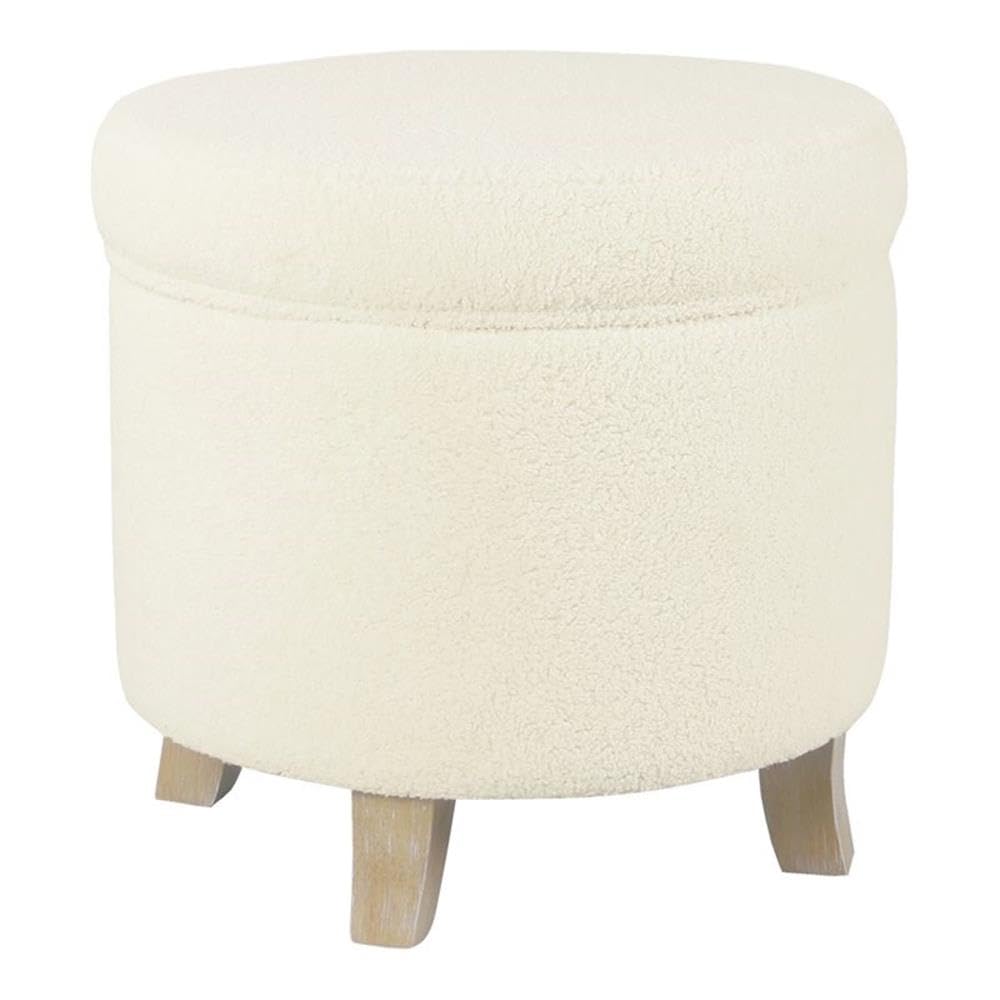 HomePop Round Transitional Faux Sheepskin Fabric Storage Ottoman Home Décor|Upholstered Round Foot Rest Ottoman- Light Cream Large