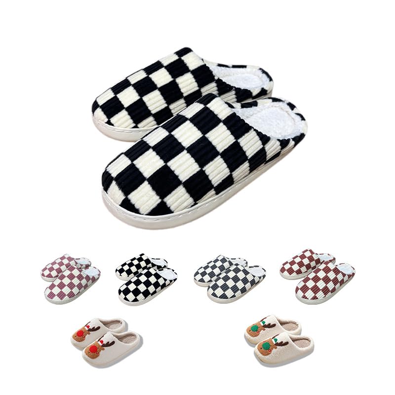 LEZIRTOI Checkered Plaid Slippers - Womens & Mens Casual Preppy Indoor/Outdoor Plush Cozy Furry Shoes - Winter House Slippers
