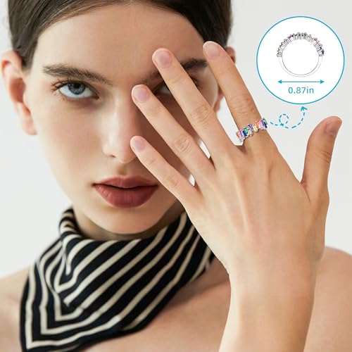 Eternity Rainbow Ring 18K White Gold Plated Emerald-Cut Multi Color AAA Created-Gemstone Rainbow Ring, Wedding Band for Women Gift For Her2