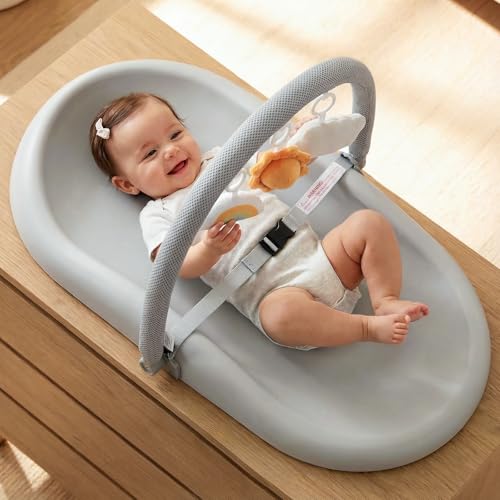 Wipe-Clean Baby Changing Pad, Waterproof Durable PU Pad, Soft & Non-Slip Safety Belt & Hanging Toys, Easy to Adjust & Removable Bar, Gray by Mallify - Used condition - CA$80.97